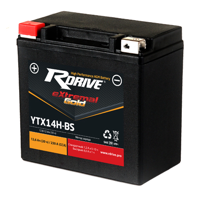 Аккумулятор Gold RDRIVE-YTX14H-BS GD 12В 12Ач 230CCA 150x87x145 мм Прямая (+-)