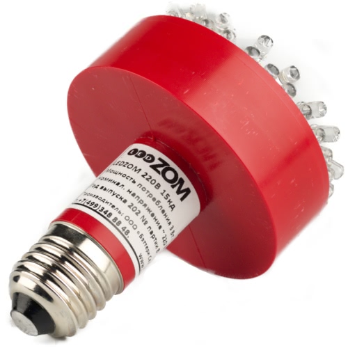LEDZOM 220В 15Кд, Лампа светодиодная LEDZOM 220В, 15Кд, E27, красный, 3Вт, -50С /+ 50С, 170-250В